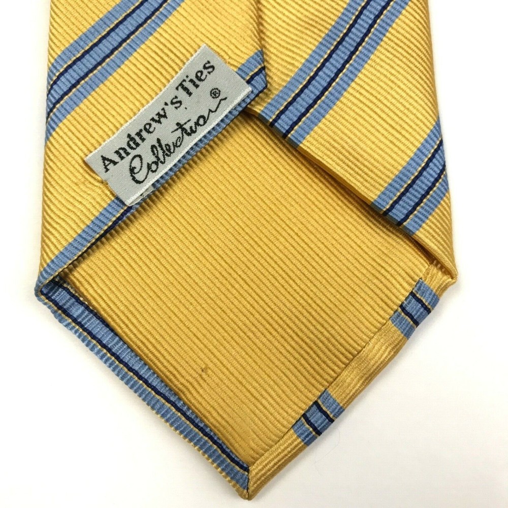 ANDREW'S TIES Collection Men's 100% Silk Designer Striped Yellow Blue Necktie - Picture 5 of 11